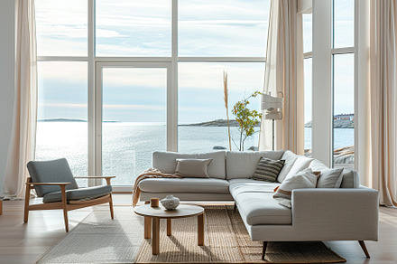 Modern living room with couch overlooking on ocean. Scandinavian interior, a Beauty & Fashion Photo by AlyaAnd