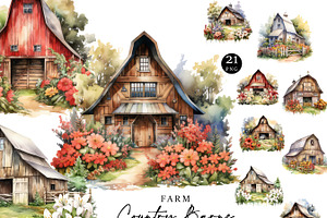 Watercolor Farm Country Barn Clipart