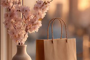 Spring blossoms and a shopping bag o, a Photo by Pixeness Studio