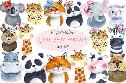 Watercolor cute baby wild animals