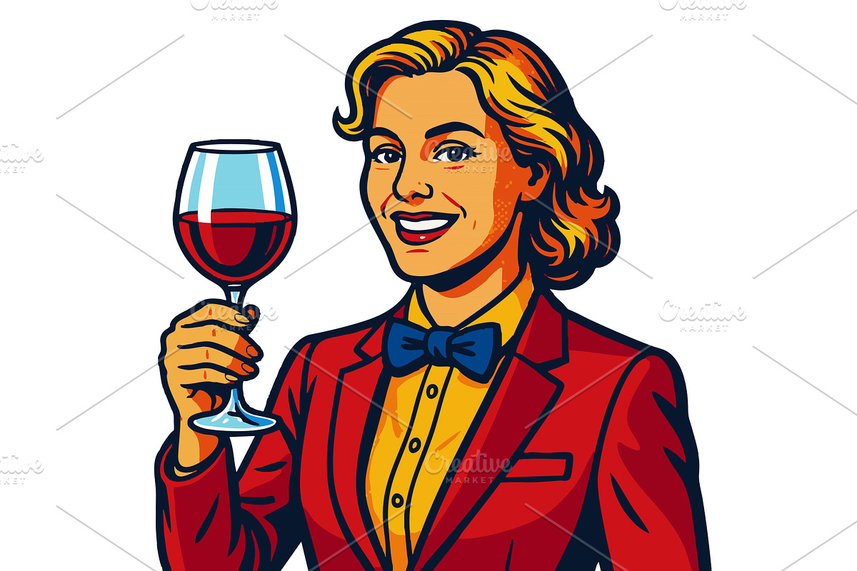 Female Sommelier Holding Glass of, a Person Illustration by AlexArt