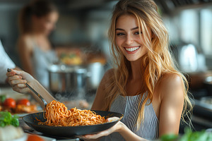 Smiling woman serves delicious spagh, a Photo by Tanuart