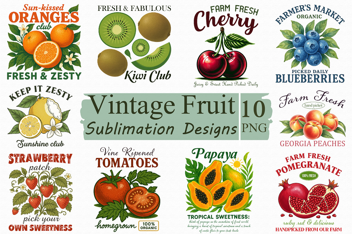 Vintage Fruit Sublimation PNG Bundle, an Illustration by Libby Wishes (Photo 1 of 11)