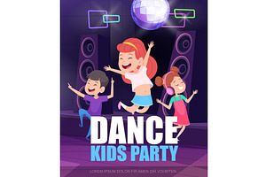 Dance party. happy kids dancing on, an Illustration by Onyx