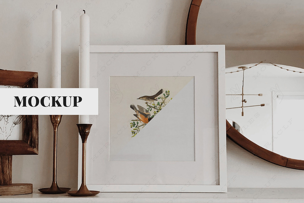 Frame Mockup on shelf, Square living, a Print Template by HeraclesVisuals
