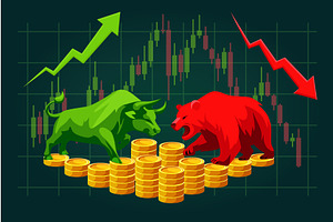 Bull and Bear Market with Coins, Up, a Finance Illustration by BabySofja