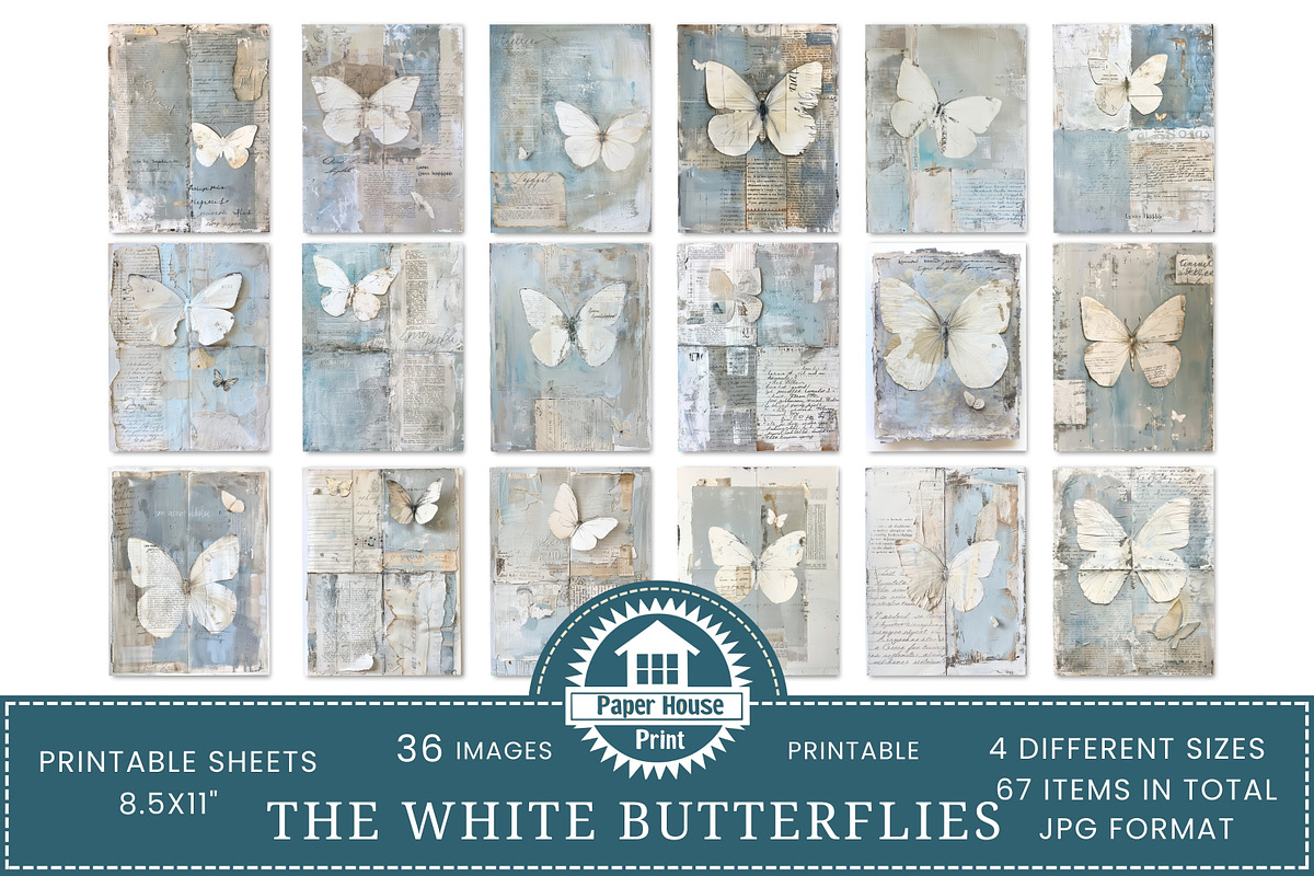 White Butterflies Junk Journal Paper, a Background Graphic by NiiiNArt (Photo 3 of 8)