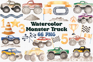 Watercolor Monster Truck Clipart Set, a Transportation Illustration by CropUp Creative