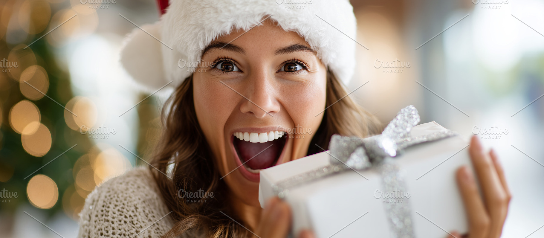 Joyful woman in a Santa hat holding, a Holiday Photo by MistyDay