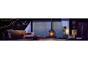 Warm cabin living room interior, an Object Illustration by art PVP - market