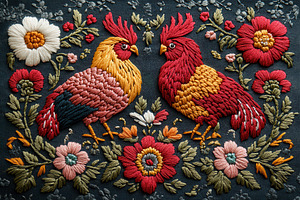 Vibrant embroidery featuring two col, a Photo by Tanuart