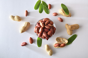 Peeled peanuts in bowl on white table in the center, a Food & Drink Photo by Davizro's Market