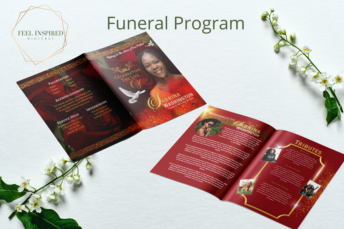 Red and Gold Roses Funeral Program, a Brochure Template by Feel Inspired Digitals (Photo 2 of 5)