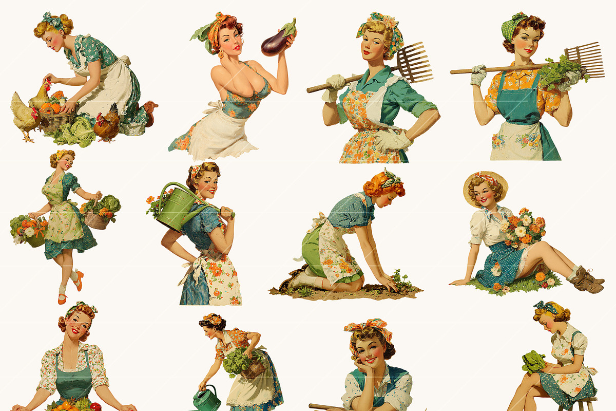 Retro Gardening Pinup Girl Clipart, a Person Illustration by BusyDaydesign (Photo 2 of 9)