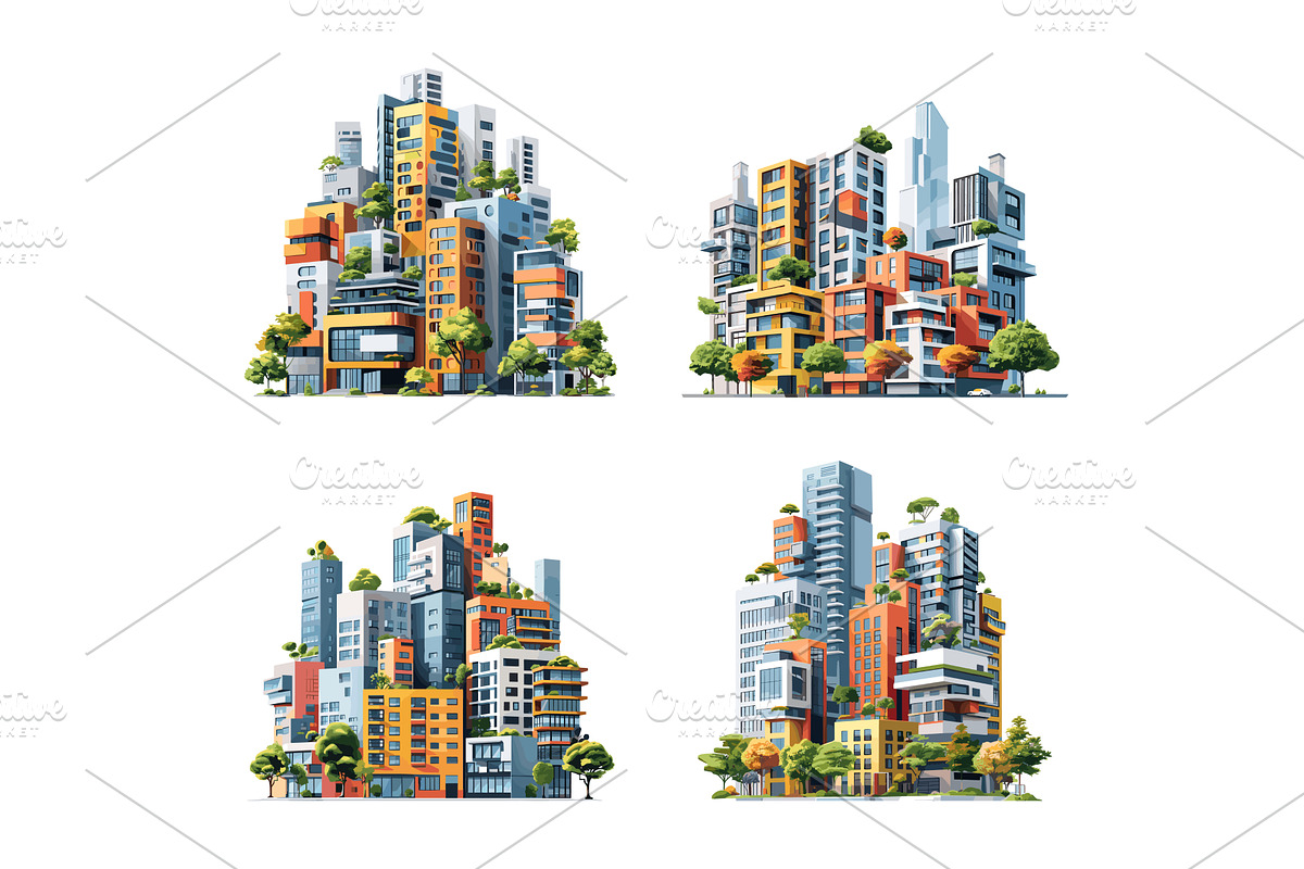 Urban cityscapes cartoon vector set, an Object Illustration by Stock-Smart-Start