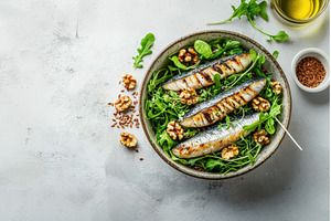 Three grilled sardines on arugula, a Food & Drink Photo by Rodica Ciorba