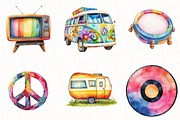 Kawaii 60s Groovy Watercolor Clipart, an Illustration by OK Design (Thumbnail 4 of 5)