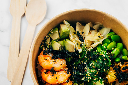 Poke bowl with shrimp, rice, chukka salad, edamame beans, cucumber and avocado., a Food & Drink Photo by Anikona