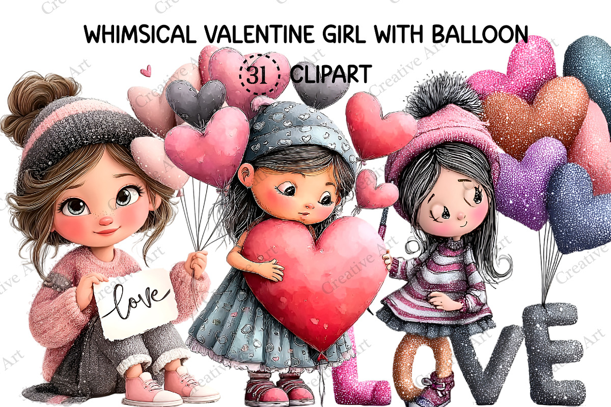 Whimsical Valentine Girl With Balloo, an Illustration by Creative Art (Photo 1 of 9)