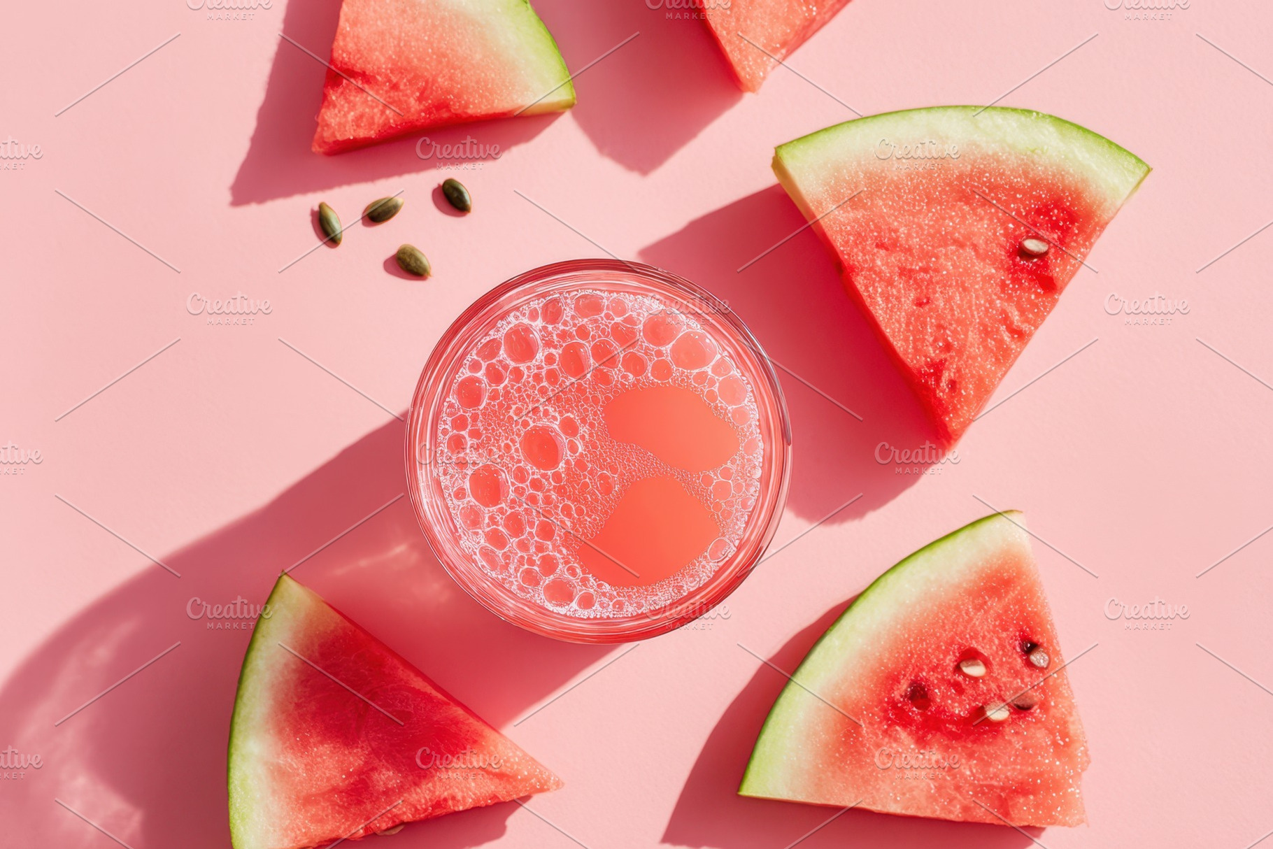 Watermelon slices and empty glass on pink background, a Food & Drink Photo by AlyaAnd
