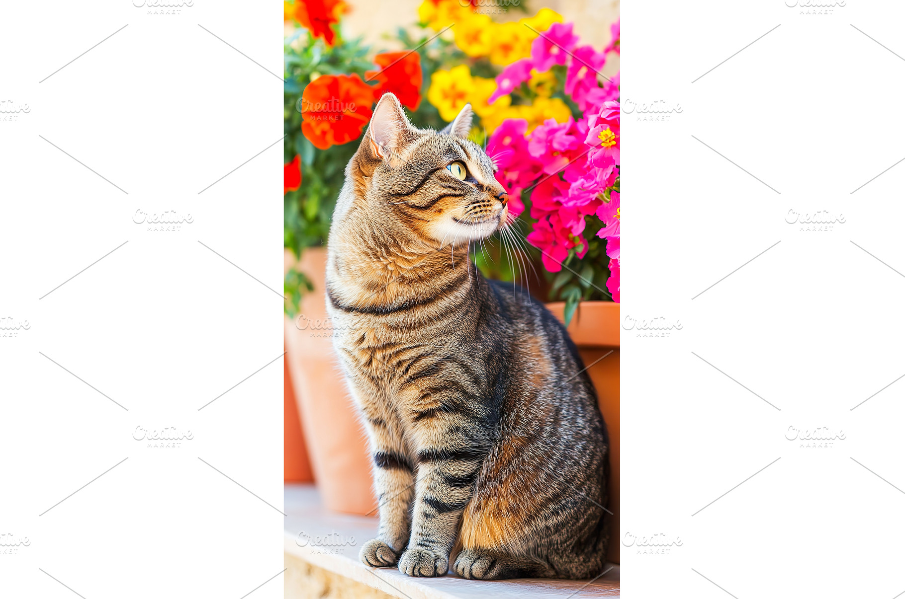 Cute tabby cat sits near colorful, a Nature Photo by Lermont51