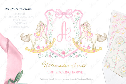 Pink Rocking Horse Watercolor Crest, an Illustration by LABFcreations