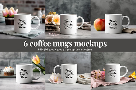 6 Mugs on a Table - Mockups, Smart