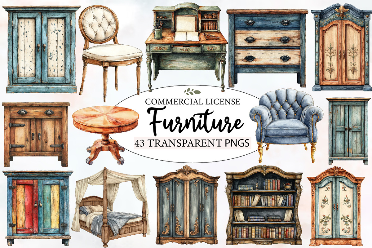 Vintage Furniture Watercolor Clipart, an Illustration by Designworld (Photo 1 of 6)