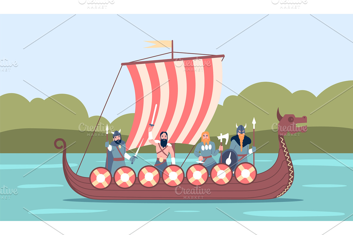 Vikings on drakkar ship, a Person Illustration by LadadikArt