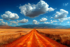Straight red dirt road through golden wheat field under vivid bl, a Nature Photo by José Manuel Gelpi