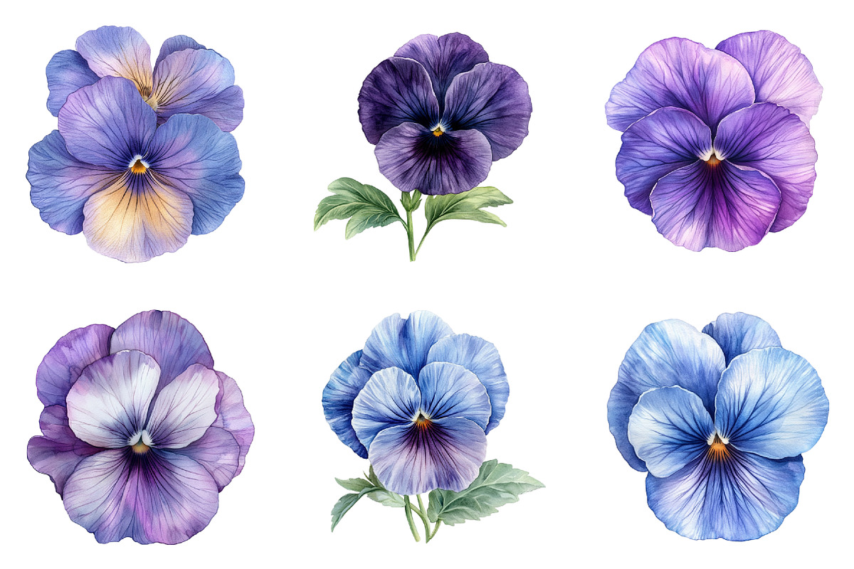 Watercolor Pansy Flowers Clipart, an Illustration by SinaCreation (Photo 2 of 5)