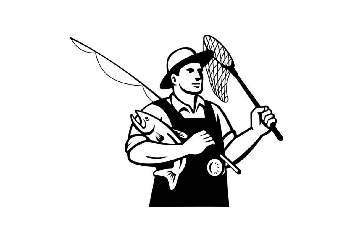 Fly Fisherman with Fishing Rod Retro, an Illustration by patrimonio