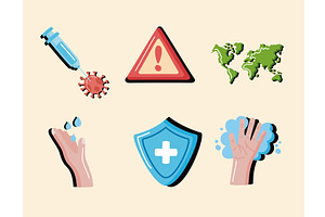 six pandemic conjuncture icons, a Healthcare Illustration by studiogstock