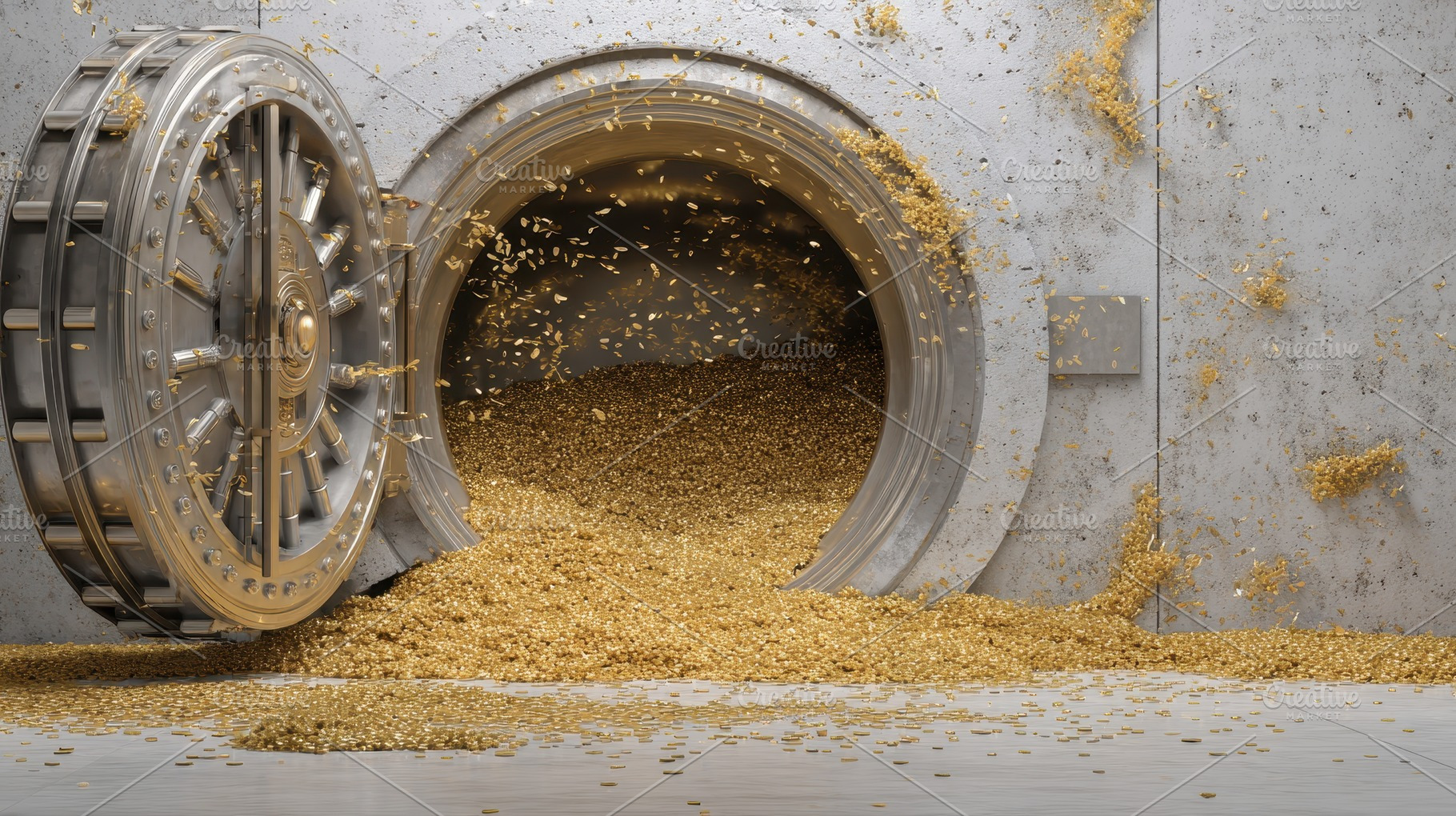 Bank vault overflowing with gold, a Photo by Pavel_design