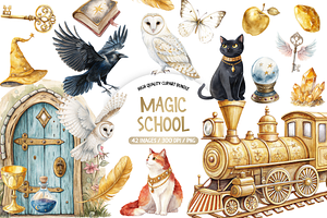 Watercolor Wizard School Clipart, a Decorative Illustration by TatiMockup