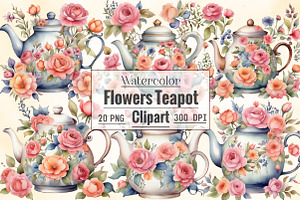 Watercolor Flowers Teapot Clipart, an Illustration by CraftArtStudio
