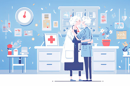 Doctor and patient sharing a compassionate hug in a medical clinic, an Illustration by AS photostudio