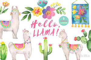 Hello, Llama watercolor clipart set