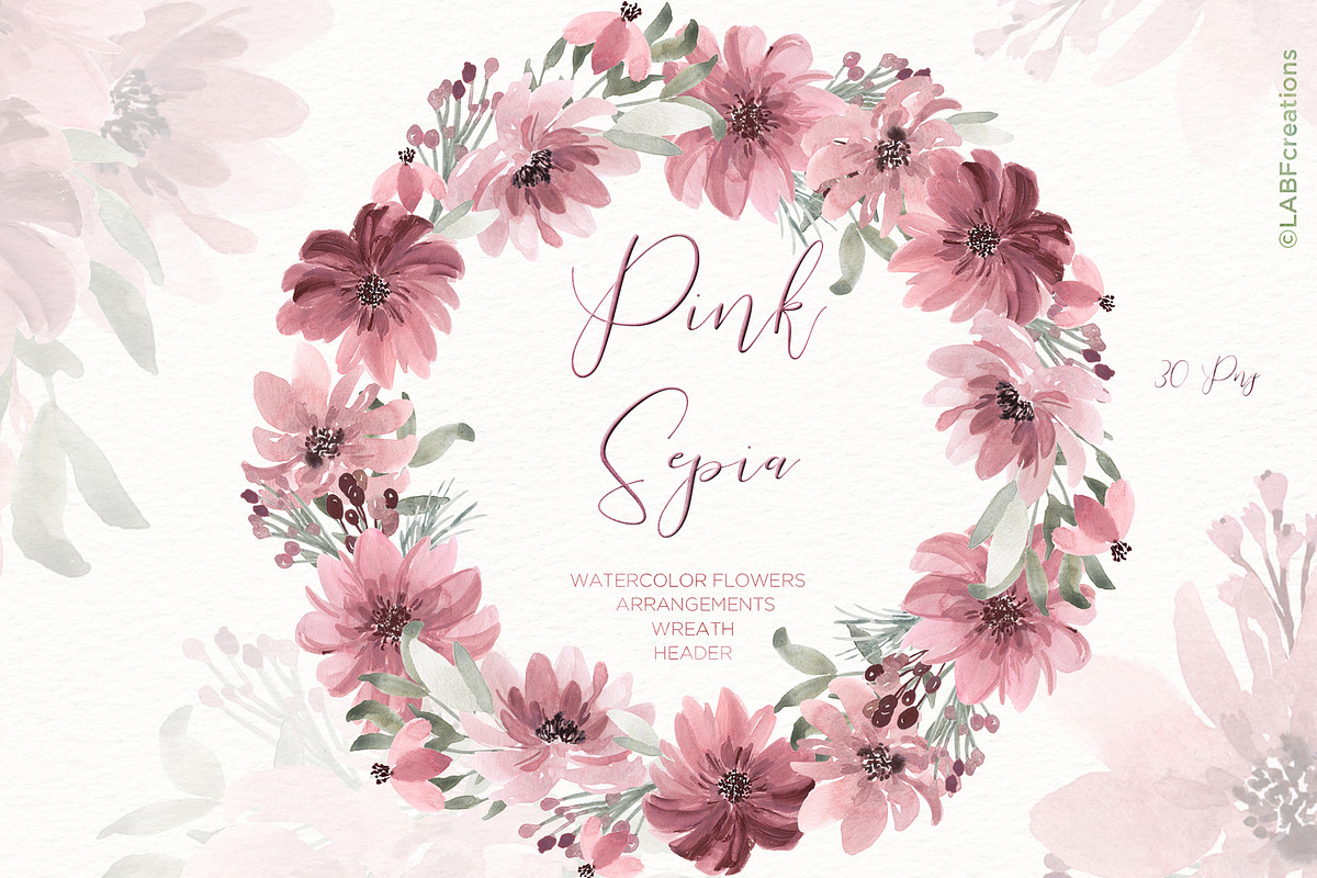Pink Sepia. Watercolor Flowers, an Illustration by LABFcreations (Photo 1 of 6)