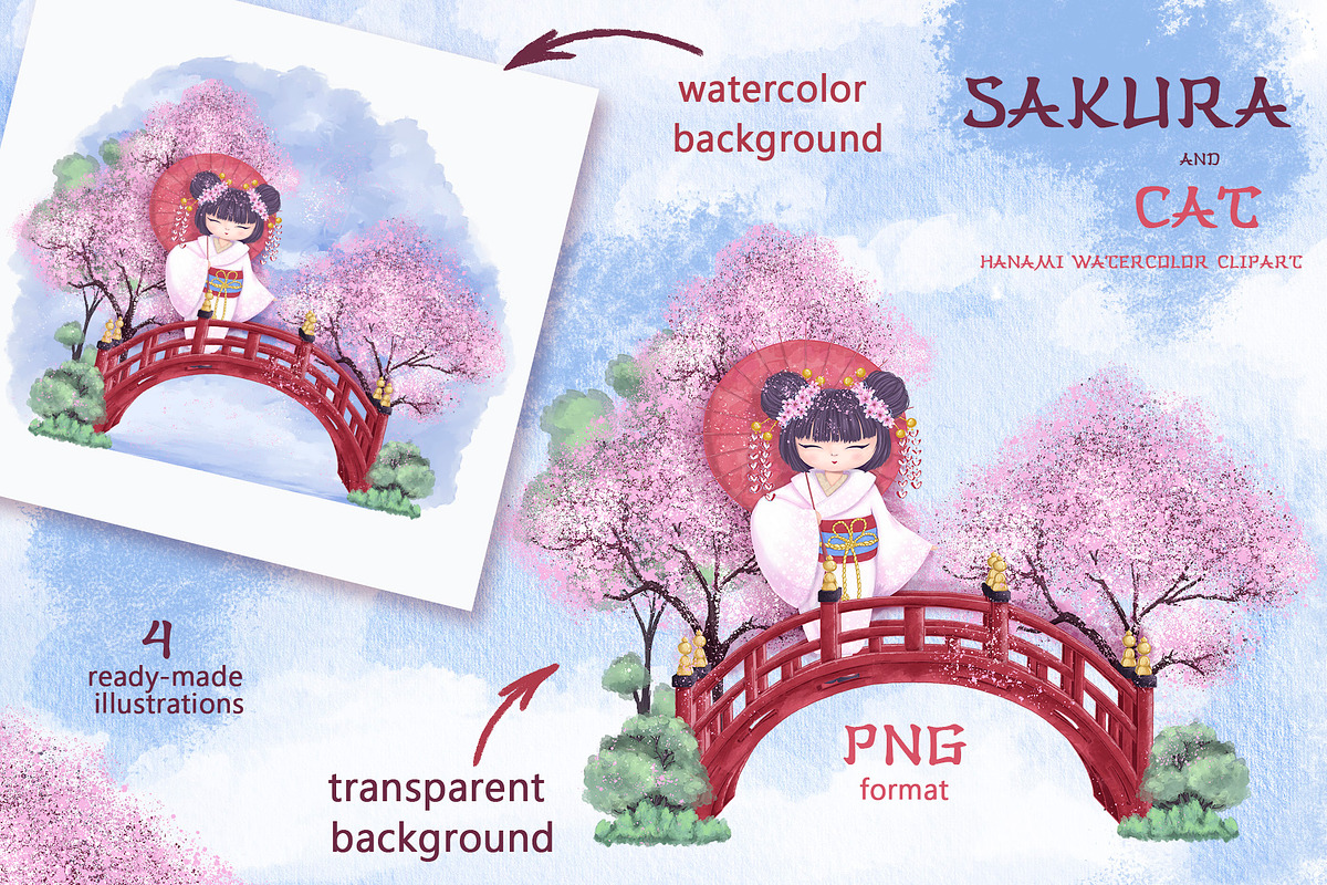 Sakura and Cat. Hanami watercolor, an Illustration by Maycat_store (Photo 2 of 11)