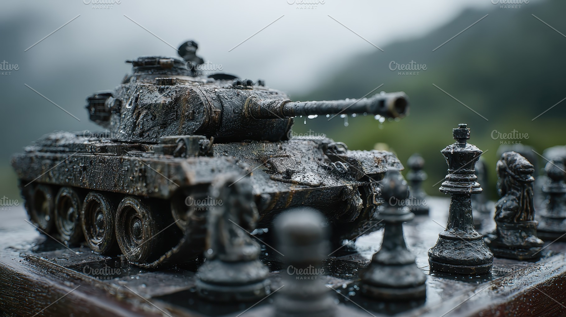 Wet Tank on Chessboard Rain Strategy, a Photo by Pixeness Studio