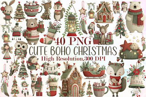 Cute Boho Christmas Watercolor Clipa, an Illustration by Sublimation Artist