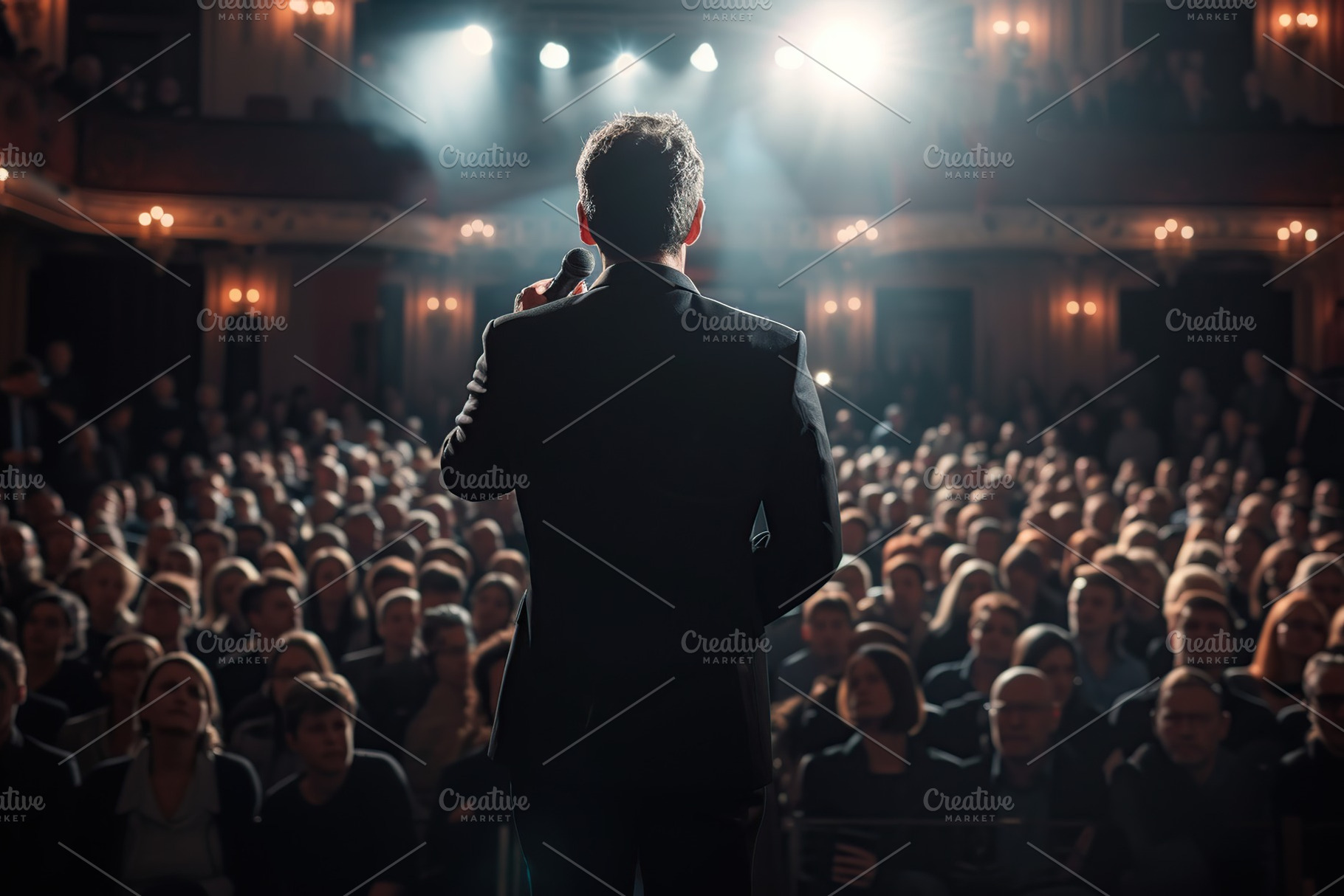 Motivational speaker performing on stage, a Business Photo by AlyaAnd