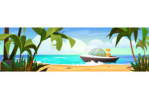 Speedboat floating on sea waves near, a Transportation Illustration by art PVP - market