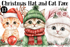 Christmas Hat and Cat Face Clipart, a Seasonal Illustration by CitraGraphics