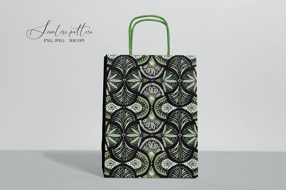 Lime Mandala Feather Damask on Black, a Pattern Graphic by SirenaArt (Photo 9 of 10)