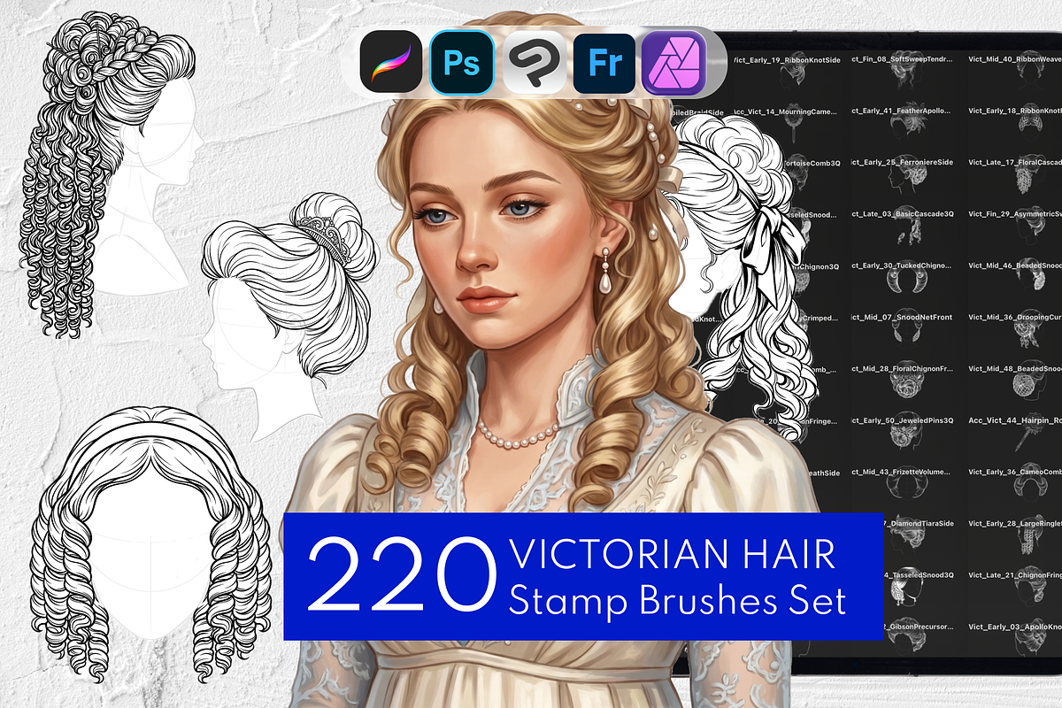 Victorian Hair Procreate Stamps, a Brush Add-On by Selentaori Studio (Photo 1 of 12)