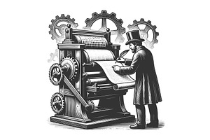 man writing on old printing press, an Illustration by AlexArt