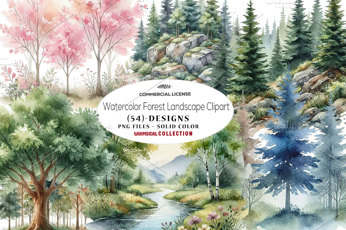 Watercolor Forest Landscape Clipart, a Seasonal Illustration by CreationArt (Photo 1 of 7)