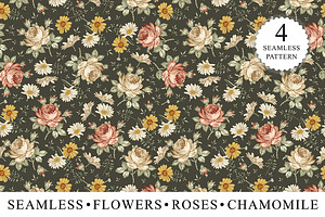 Set Seamless Flowers Roses Chamomile